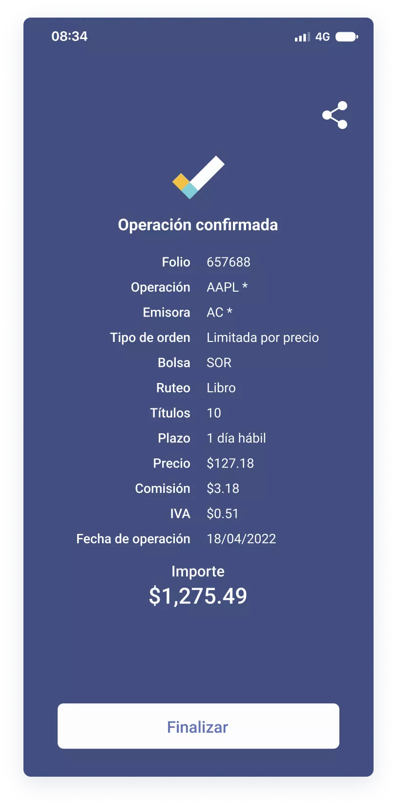 Operación confirmada mobile Operación confirmada mobile en Bursanet